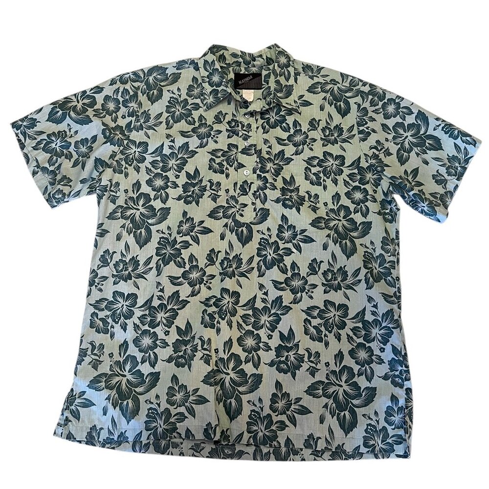 Nainoa Hawaii Shirt Men's Size XL Green Floral Half-Placket Button Short Sleeves